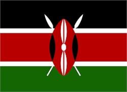 [ai] The national flag of Kenya features horizontal stripes of black, red, and green, with a central red stripe bordered by white. A Maasai shield is displayed in the center, flanked by two white spears.